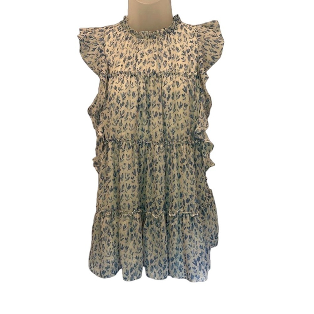 Entro White & Blue Floral Top High Neck NWT